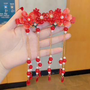 Girls Hanfu Headwear Baby Ancient Style Flower Tassel Hair Clip Little Girl Red Hair Card New Year Hair Accessories