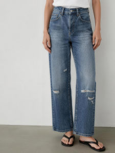 MANMI | Quần Jeans Xanh Ripped Vintage Dáng Suông Đơn Giản