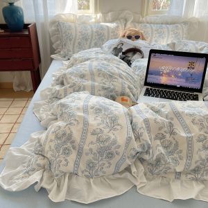 Fresh Floral Cotton Bedding Set 4-Piece Quilt Cover Sheet Lace Design Pure Cotton 100% Bedding Duvet Cover Single Bed Sheet