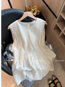 French Pleated Sleeveless Vest Womens Summer New Korean Version Bead Elegant High-End Feeling Chic Stylish Top Breathable
