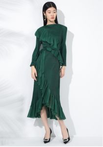 High-end temperament fashion dress womens off-neck ruffled dovetail pleated dress #20240918