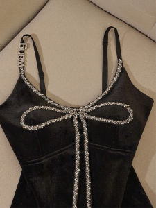 Black Velvet Vest Strap Womens Autumn Winter Inner Match Design Sense Water Diamond Butterfly Knot Top City Walk Short Style