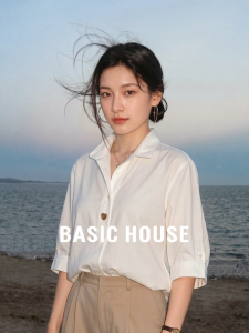 Basic House | French Style Polo Collar 5/8 Sleeve Shirt Summer Office
