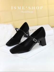 Elegant Satin Single Shoes with Diamond for Women Chunky Heel Wedding Shoes Spring 2025 Square Head Fashionable Party Shoes