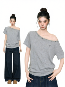 AUDISTY | Áo Thun Tay Ngắn Một Bờ Vai Phong Cách Gái Mỹ Đính Hạt