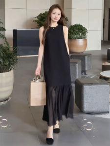 YUFUQING | French Style Black Sleeveless Round Neck Splice Mesh Dress Womens Summer New Design Sensation Vest Skirt Casual High Waist A-Line Long Dress