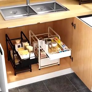 Under Sink Rack 2 Tier Cabinet Basket Pull Out Organizer Pantry Kitchen Cabinet Organizer Seasoning Pull Basket Organizer Storage Rack