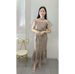 Maxi Dress Mermaid Brukat Halter Neck Sabrina Payet Mewah Elysse-267 ( BISA COD )