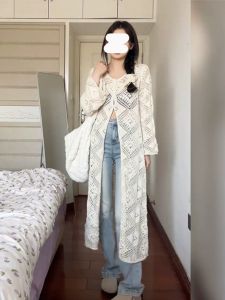 Heavy Industry Hook Flower Knitting Outwear Cardigan Womens Spring Autumn and Summer Korean Wear Mid-Length Bandage Dress Cutout Blouse Outer Tops