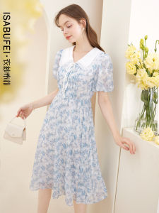 Dream Mountain Summer New Style Womens Dress Butterfly Knot Double Layer Ruffle Doll Collar Sweet Skirt Floral Print Chiffon
