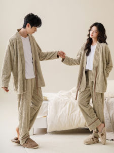 Couples Thickened Coral Fleece Home Clothes Sleepwear Set V-neck Long Sleeve Long Pants Comfortable Warm Winter Home Suit