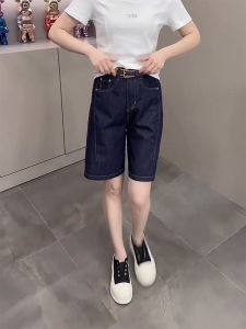 Retro Blue Denim Short Pants Womens High Waist Straight Leg A-Line Wide Leg Pants for Pear Shaped Small Figures Autumn New Arrival