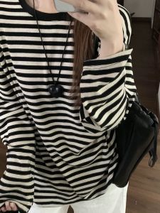 Black Stripe Long Sleeve Womens T-shirt 2025 New Inner Wear Base Shirt Very Attractive Early Autumn Outfit Top Single Wear