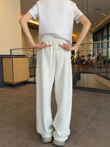 กางเกงวอร์มทรงตรงสีเทาและดอกไม้สีขาวสำหรับผู้ชาย กางเกงขายาวทรงหลวมเอวกลางสไตล์อเมริกันสำหรับฤดูใบไม้ร่วง