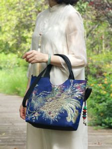 New 2024 Phoenix Embroidery Shiny Sequin Womens Handbag Canvas Shoulder Bag Ethnic Style Leisure Fashion Soft Foldable Bag