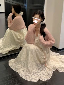 French Style Halter Neck Long Dress Set Womens Early Autumn Unique Beautiful Backless Beach Vacation Gown A-Line Skirt