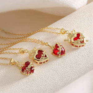 Fashion Gold Color Chain Red Crystal Heart Pendant Necklaces for Women Girls Valentines Day Birthday Gifts High Quality