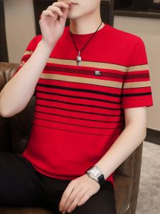 HENGYUANXIANG | High-End Short Sleeve Knitted Sweater Round Neck Mens Spring Autumn Stripe Pattern Base Shirt Fashionable Urban Loose Fit