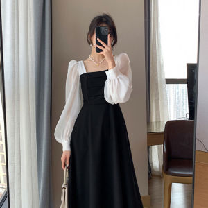 French Style Long Sleeved Black Dress Women Patchwork Square Neck Long Dress Retro A-line Skirt