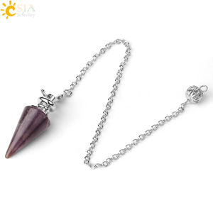 CSJA Conical Pendulum Natural Stone Taper Silver Color Chain Amethyst Rose Quartz White Crystal Tiger Eye Pendulums G491
