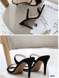 SW Sandals Elegant High Heel Slippers Womens Outwear Open Toe Patent Leather Stilettos Square Toe Minimalist Genuine Leather Ankle-Strap High Heels