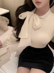 GUZILIAN | French Vintage Butterfly Knot Short Knitted Sweater Womens Autumn Winter Bubble Sleeve Inner Wear High End Feeling Top