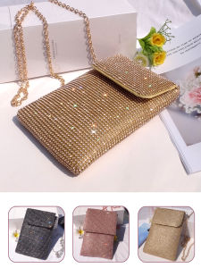 Fashionable Vertical Diamond Phone Bag Womens Crossbody Coin Purse Elegant Chain Strap Lightweight Compact Size Polyester Material