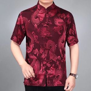 Silk Satin Shirt Plus Size Embroidery Dragon Tang Suit SamFu Short Sleeve Tang Suit Men Clothes Dad Blouse Grandpa Top