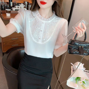 Ammin thời trang mới mùa hè ép khâu lưới cổ tròn thời trang kim sa khâu tay ngắn đi lại Áo voan nữ phiên bản Hàn Quốc phong cách ngọt ngào xù cạnh khâu Áo Blouse thanh lịch