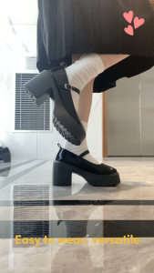 Falimottype Womens Black Casual Retro High Heels Mary Jane Shoes Elegant Fashionable Leather Round Toe Sandals