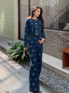 Sweet Cool Retro Hong Kong Style Long Sleeve Printed Butterfly Knot Jacket Top Wide Leg Jeans Washed Denim Set Women Fashion