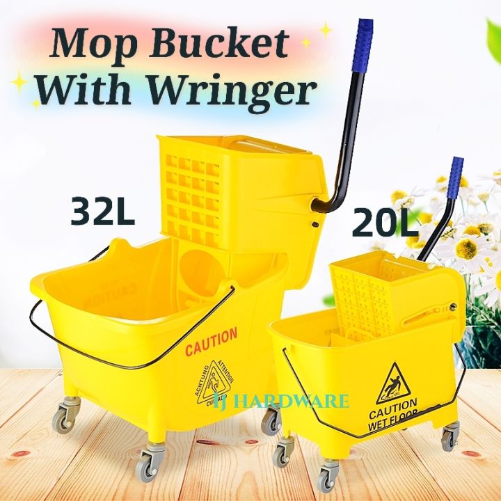 thumbnail image 2 of Heavy Duty Commercial Mop Bucket & Wringer Combo - 20L/30L Rolling Plastic Cart For Industrial Floor Cleaning (Yellow) 2 of 4