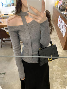 เสื้อสเวตเตอร์เปิดไหล่ถักแบบสวมหัวสำหรับผู้หญิง ทรงสลิมฟิต ปกติ แขนยาว ผ้าฝ้ายผสมคอวี สีพื้น ระบายอากาศได้ดี