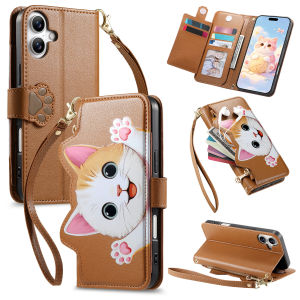 szhaiyu | Cartoon Cat Wrist Strap Phone Case for IPhone Air 17e 16e 15 14 Plus 13 12 11 Pro Max Zipper Leather Wallet Card Slots Cover