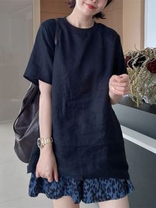 BINKAFENNY | Summer Slimming Black Short Sleeve T-Shirt Womens Loose Mid-Length Back Split Top Asymmetrical Commute Style Korean Version