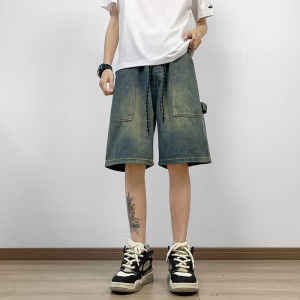 Retro Loose Fit Mens Denim Shorts with Big Pockets Elastic Waist Drawstring American Street Style Casual Straight Leg Jeans