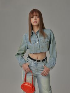 Chuu Womens Distressed Tie-dye Short Denim Jacket Loose Fit Long Sleeve Spring Autumn New Style Fashion Ladys Top