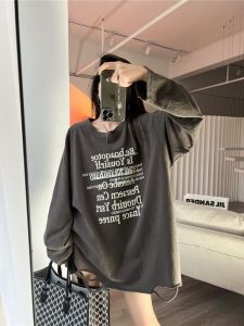 plus Size Womens T-Shirt Oversized Missing Bottom Loose Slimming Mid-Length Long Sleeve round Neck Cotton Tee for Heavy Girls