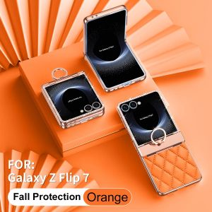Luxury Leather Diamond Phone Case for Samsung Galaxy Z Flip 7 6 5 4 3 Flip7 FE with Hinge Protection and Ring Holder Women Girl