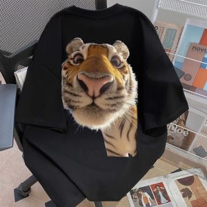 FLICBS | Oversized Funny Tiger Head Print Cotton T-Shirt