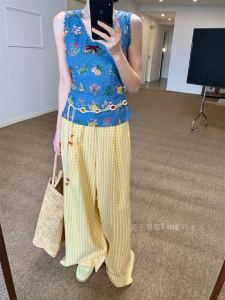 Quần Ống Rộng Màu Hồng Dopaamine Cho Nữ Mùa Hè Quần Ống Đứng Rộng Rãi Thoải Mái Dài Đến Sàn Vải Cotton Lanh