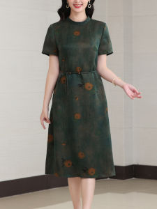 Silk Cheongsam Dress Summer New Style 2025 Retro Print Loose Waist Short Sleeve Mid-Length A-Line H-Shape for plus Size Women