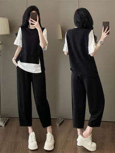 Shalldoer | Casual Lazy Style Womens Summer 2025 Two-Piece Set Short Sleeve T-Shirt Straight Leg Pants Contrast Color Round Neck Top Bottom