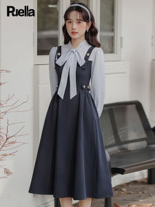 puella | False Two-piece Bow Tie Strapped Long Sleeve Dress