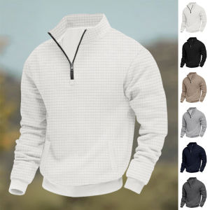 Mens Large Size Semi-Zipper Sweater Autumn Winter Jacquard Small Checkered Stand-up Collar Casual Pullover