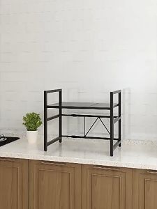 (Double Support Rod) Microwave Rack Adjustable Oven Rack Shelf Kitchen Countertop Organiser Rack Oven Stand Toaster Rack