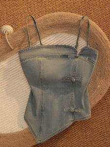 New Chinese Style National Trend Irregular Denim Button with Chest Pad Strap Vest Short Outerwear Top for Women Sweet Fit