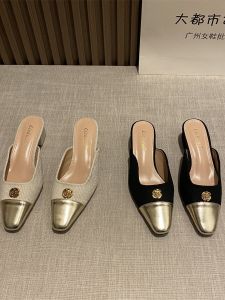 Closed Toe Half Slippers Camellia Summer 2024 New Outdoor with Skirt Fairy All-Matching Medium Chunky Heel Mules Shoes