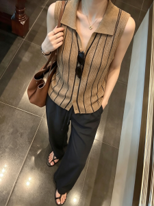YUANYA | Slim V-neck Sleeveless Striped Knit Vest