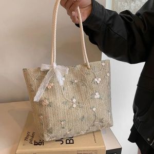 Túi Đeo Vai Bằng Rơm Cỡ Lớn Dành Cho Nữ Mùa Hè Có Chi Tiết Ren Túi Xách Dệt Thông Thường Hình Vuông Không Chống Nước